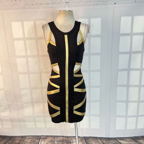 bebe Dresses & Skirts - Bebe Addiction Cut Out Gold Metallic Bandage Bodycon Black Mini Dress Size S